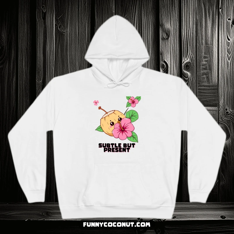 Funny Curious Coconut Hoodie: A coconut character peeks from behind a hibiscus flower, embodying tropical curiosity and fun.