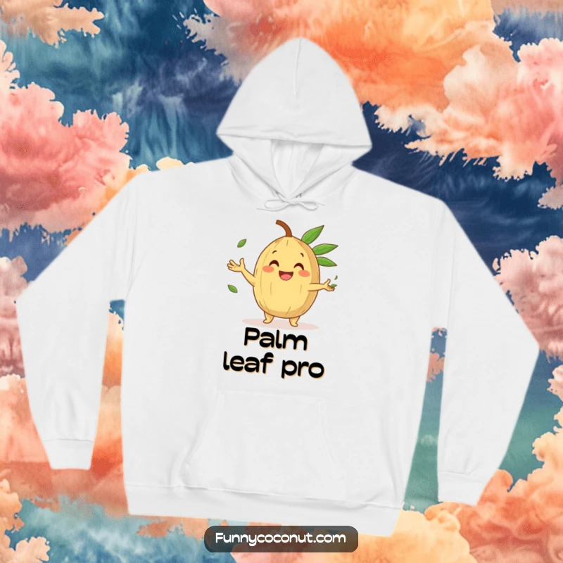 Funny Hoodie depicting a happy coconut character with a huge gleeful grin, juggling small palm leaves with impressive skill.