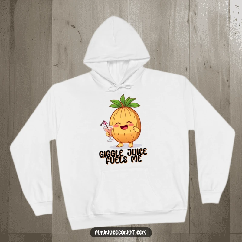 Funny coconut with a cocktail and umbrella, laughing joyfully, a warm and humorous hoodie for party vibes.