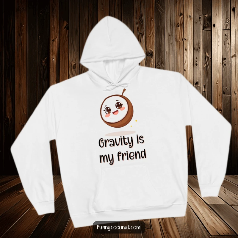 Funny coconut hoodie, a coconut with wide eyes giggling as it rolls downhill, offering cozy comfort and loads of laughs.