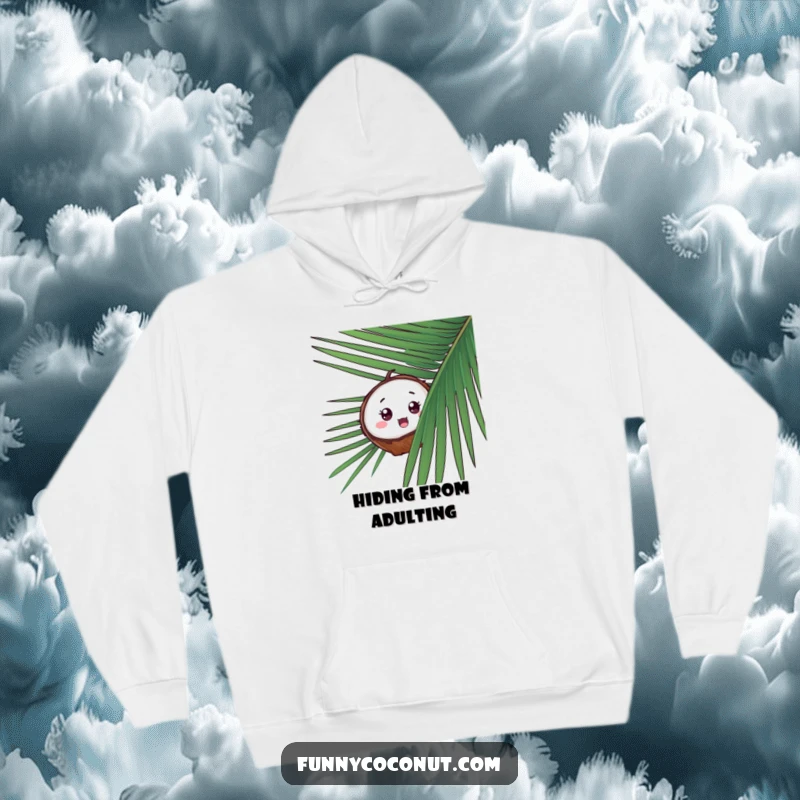 Funny Surprised Coconut Hoodie, a coconut peeking from behind palm fronds with a comically surprised expression, perfect for cozying up.