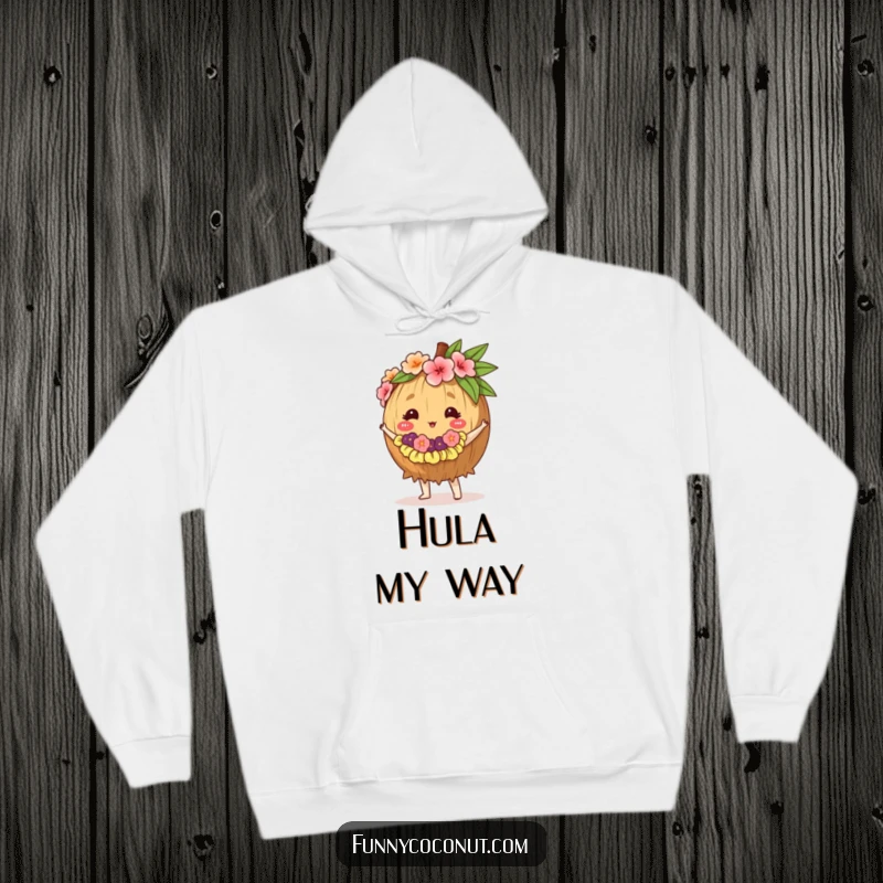 Funny hoodie design of a cheerful coconut wearing a small lei, performing a lively hula dance, perfect for cozy vibes.