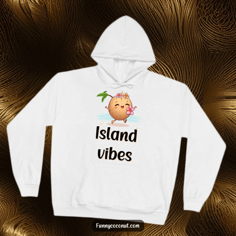 Funny cozy hoodie showing a winking coconut with a flower lei, skipping along the sand, perfect for tropical comfort.