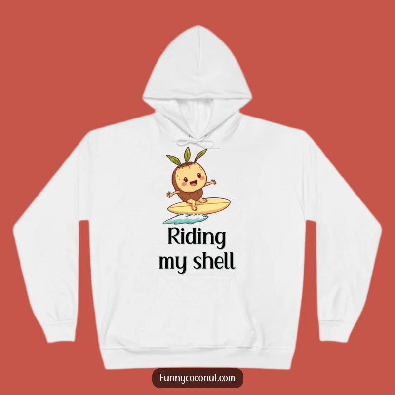 Funny Playful Coconut Surfer Hoodie: Cozy Shell Surfboard Adventure Gift