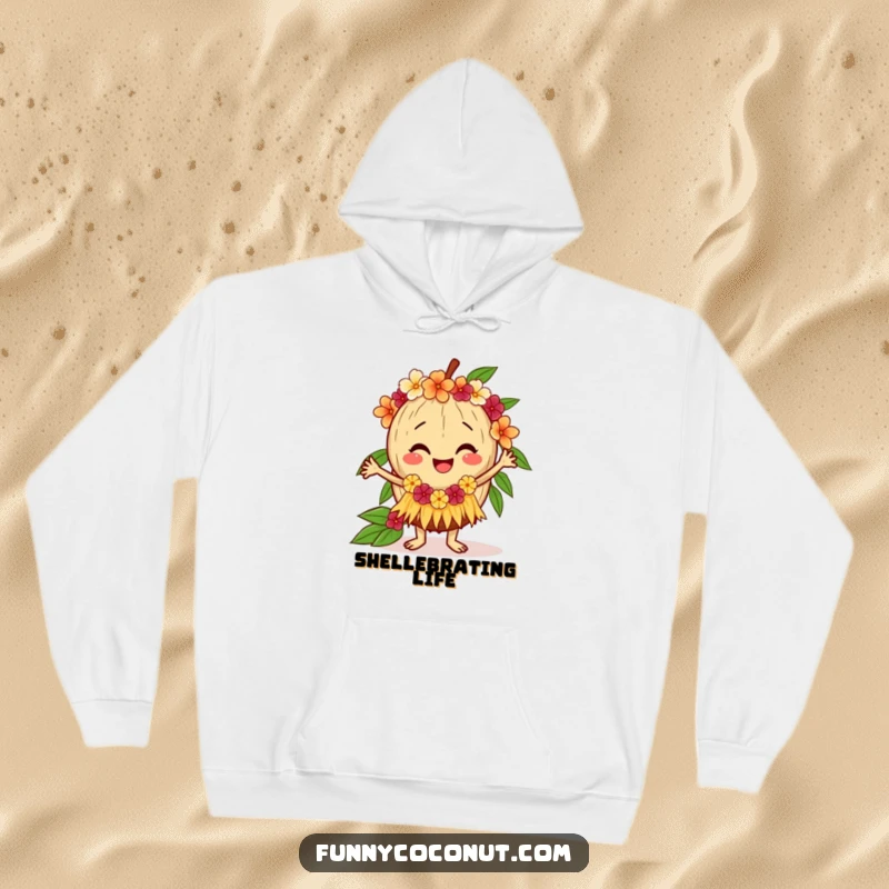 Funny coconut hoodie featuring a happy coconut doing a hula dance with a lei, offering warmth and a dose of tropical cheer.
