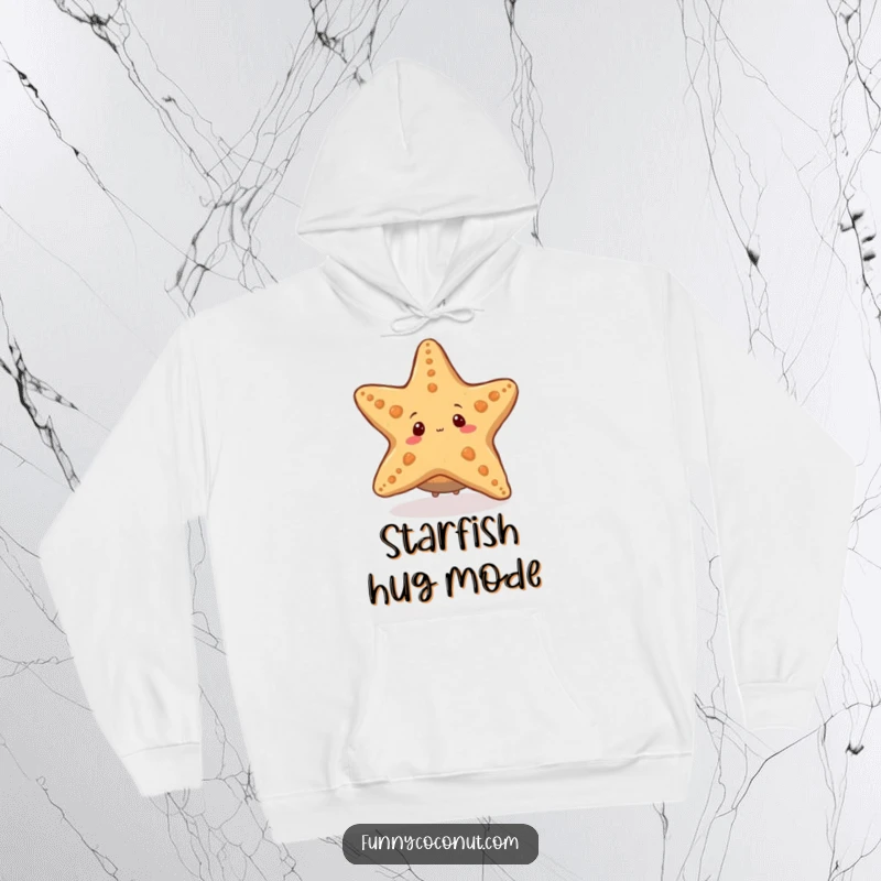 Funny hoodie with a cute coconut character peeking from behind a large, smiling starfish, showcasing a delightful ocean encounter.