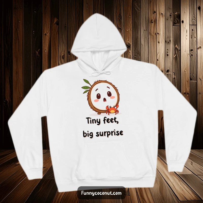 Funny surprised coconut character watching a tiny crab scuttle away, a warm and comfortable hoodie.