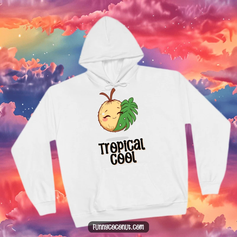 Funny, cozy hoodie showcasing a winking coconut holding a comically large palm leaf, perfect for warmth.