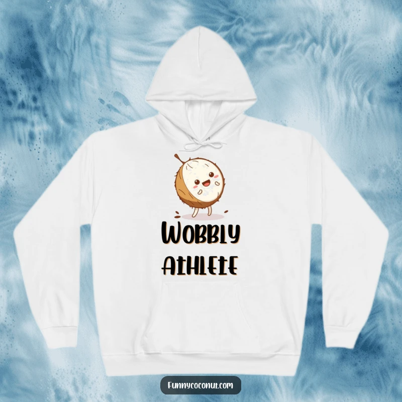 Funny kawaii coconut attempting a cartwheel with a wobbling husk, depicted on a cozy hoodie for active comfort.