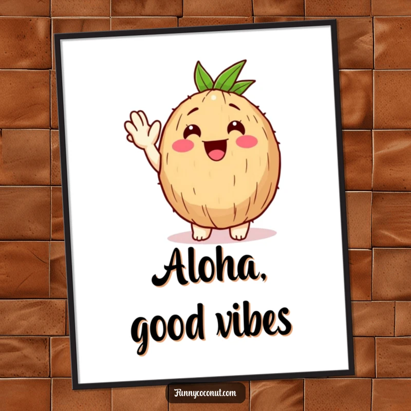 Funny Free Printable Wall Art: Happy coconut character giving a big friendly wave, cheerful downloadable art for any room.