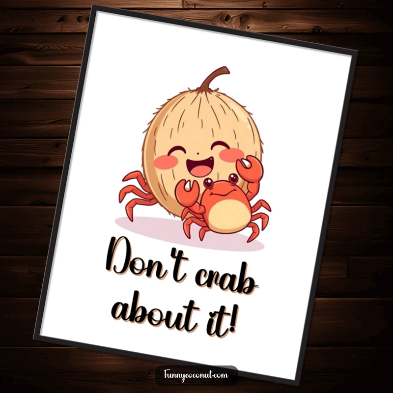 Funny Free Printable Wall Art: A giggling coconut with rosy cheeks enjoys being tickled by a playful crab.