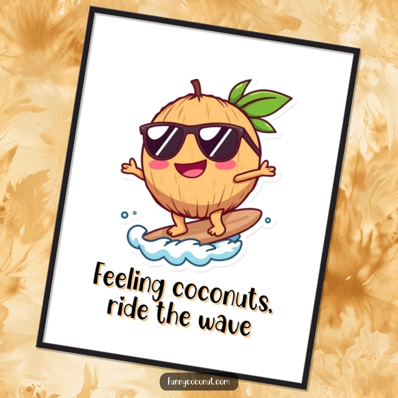 Funny Free Printable Wall Art: A happy coconut character in sunglasses is expertly surfing a small wave.