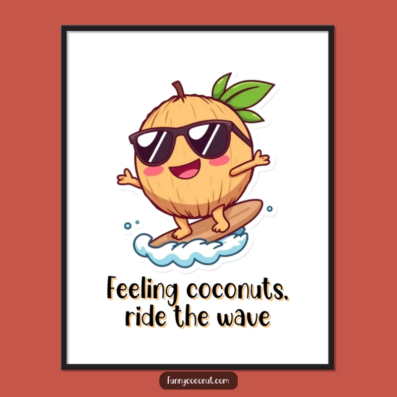 Free Printable Wall Art: Surfing Coconut, Funny Downloadable Art for Beach & Tropical Vibes