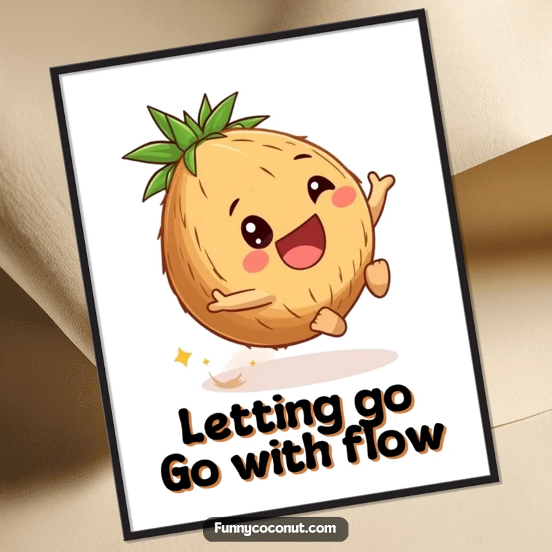 Funny Free Printable Coconut Wall Art: Delighted young coconut joyfully rolling downhill, adding playful energy to decor.