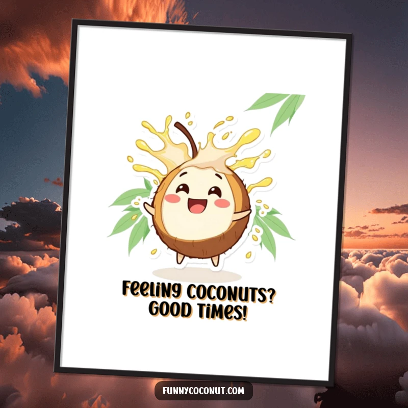 Funny Free Printable Coconut Wall Art: Happy coconut character bursting with refreshing juice, tropical decor, downloadable humorous art.