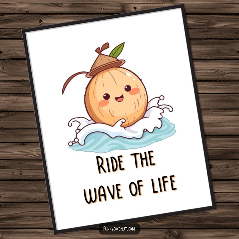 Funny Free Printable Wall Art: A happy coconut wearing a hat bobs on a gentle wave, bringing coastal fun.