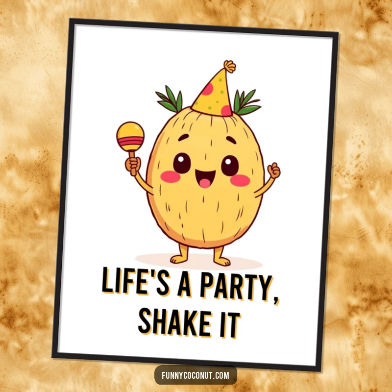 Funny free printable wall art of a cheerful coconut with a party hat shaking maracas, embodying pure joy and celebration.