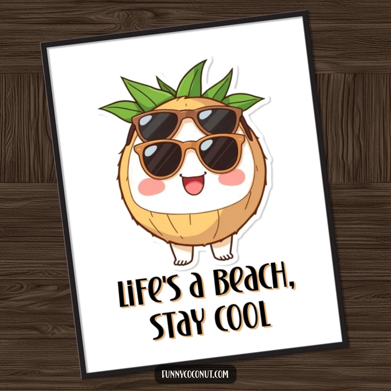Funny Free Printable Wall Art: a cheerful coconut half character wearing sunglasses, exuding cool, sunny vibes.