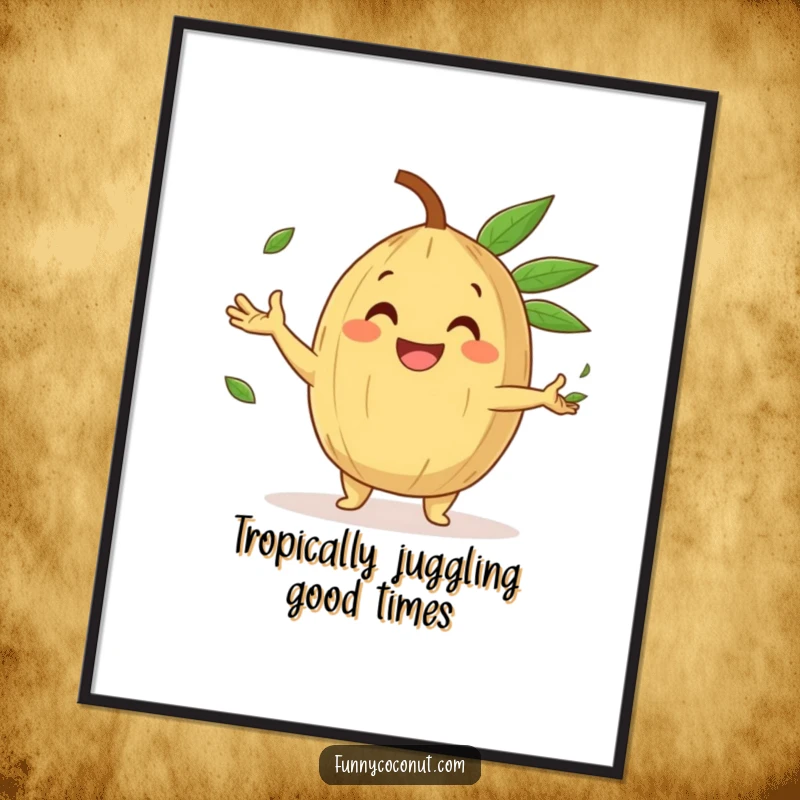 Funny free printable wall art: A happy coconut with a wide grin skillfully juggles several tiny green palm leaves.