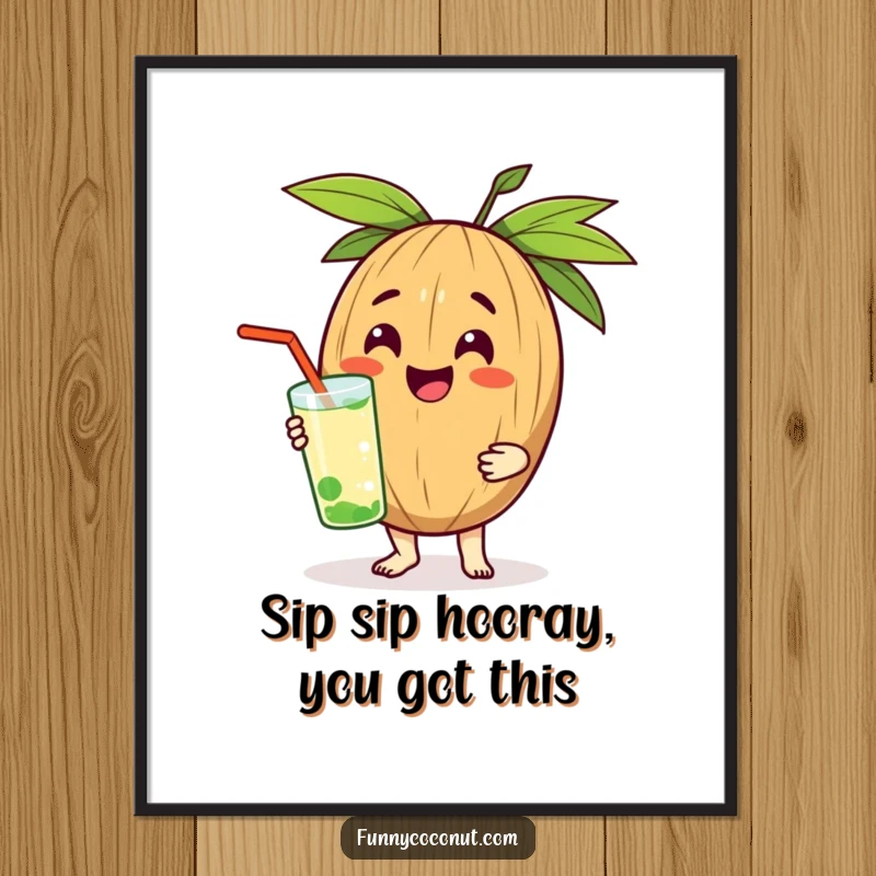 Funny Free Printable Wall Art: Cheerful coconut character smiling warmly while presenting a refreshing drink as a delightful gift.