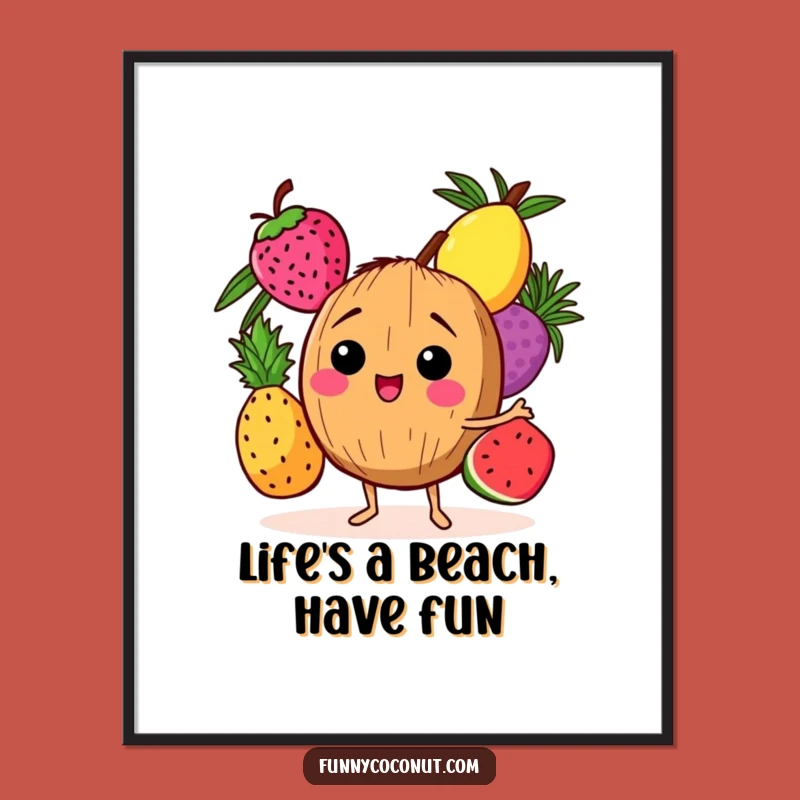 Free Printable Wall Art: Giggling Coconut Juggling Fruits - Funny Decor