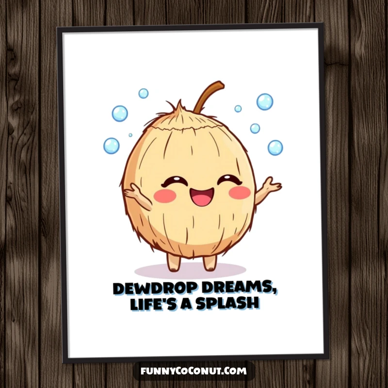 Funny Free Printable Wall Art: a giggling coconut character skillfully juggling dewdrops with a joyful expression.