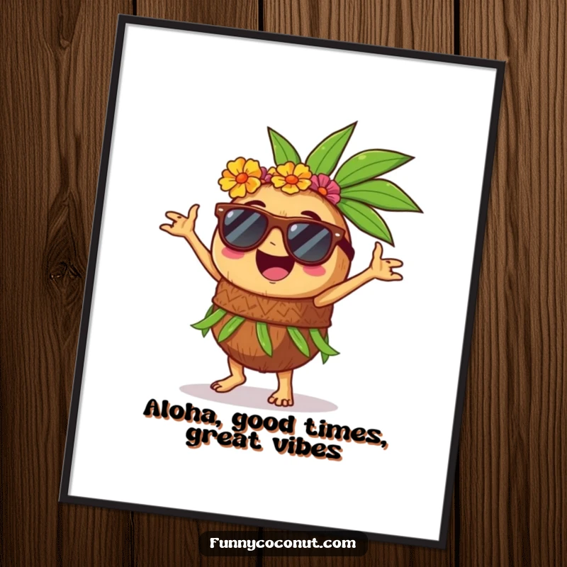 Funny Free Printable Wall Art: A joyful coconut in sunglasses rocking sunglasses, performing a vibrant hula dance, tropical vibes.