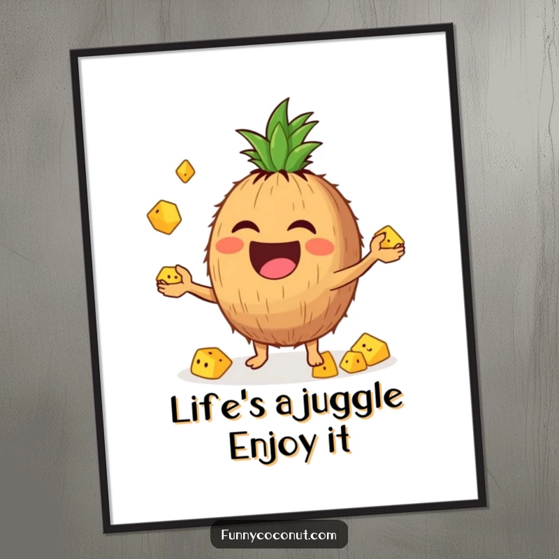 Funny Free Printable Wall Art: A laughing coconut character enthusiastically juggling small pineapple chunks, a vibrant and fun piece.