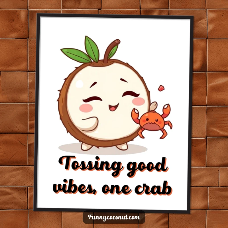 Funny Free Printable Wall Art: Mischievous kawaii coconut winking while tossing a tiny crab, adding playful vibes.