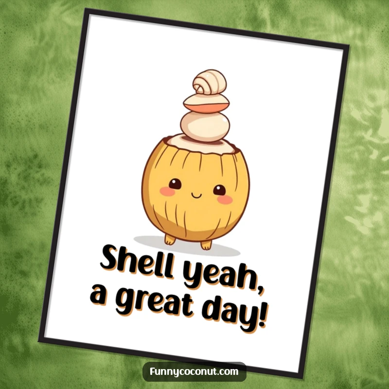 Funny Free Printable Wall Art: A coconut character humorously balancing a tall stack of tiny seashells on its head.