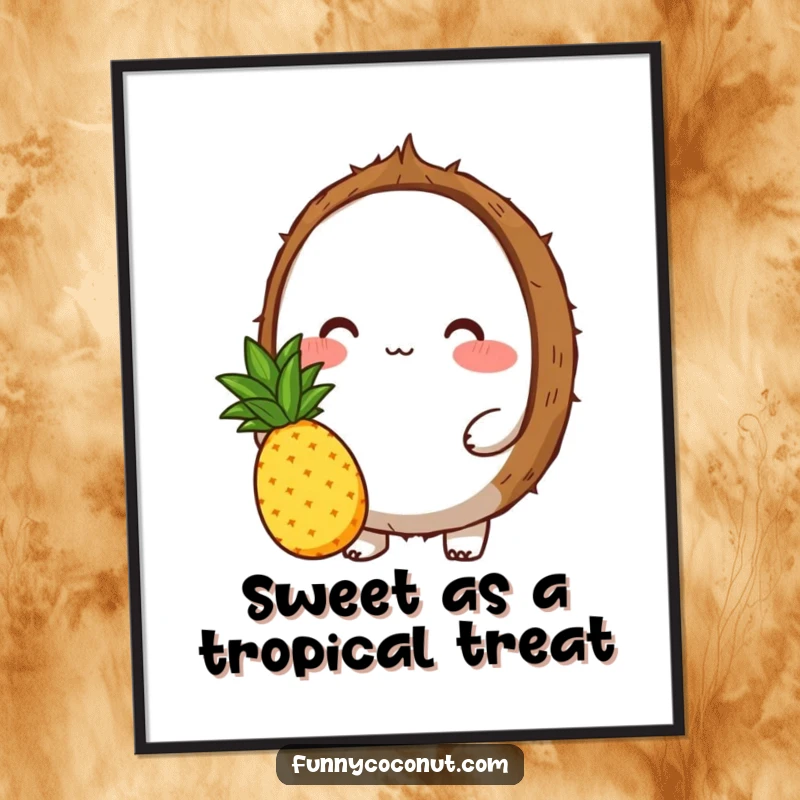 Funny Free Printable Wall Art: A blushing coconut character sweetly offering a small, ripe pineapple.