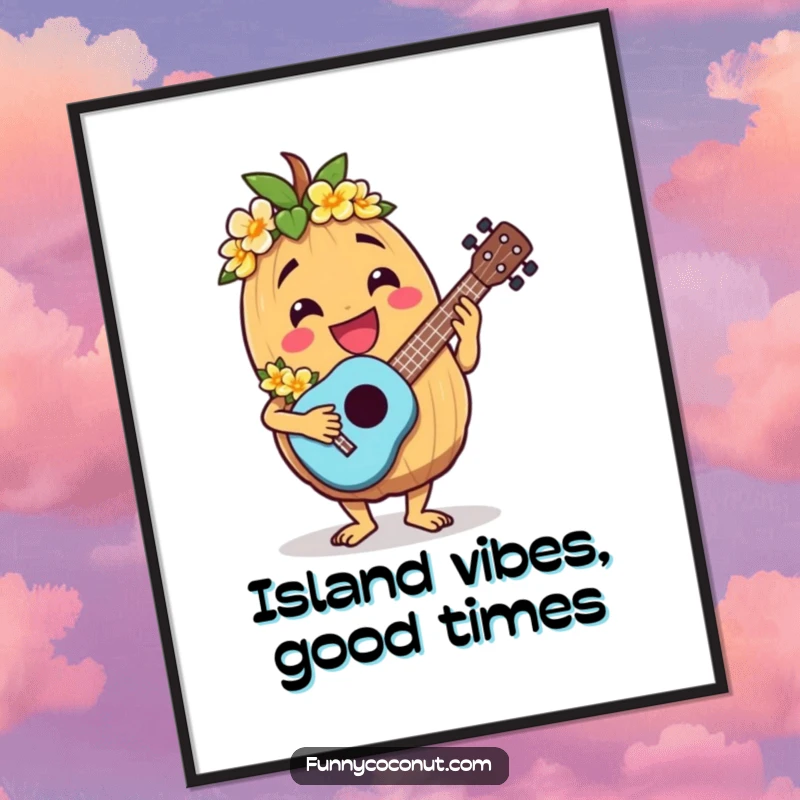 Funny Free Printable Wall Art: Jovial coconut character with lei playing ukulele, tropical party decor, printable.