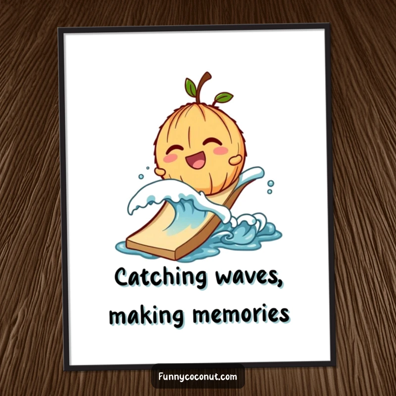 Funny Free Printable Wall Art: Giggling coconut character sliding down slide by wave, tropical thrill, energetic decor, printable.