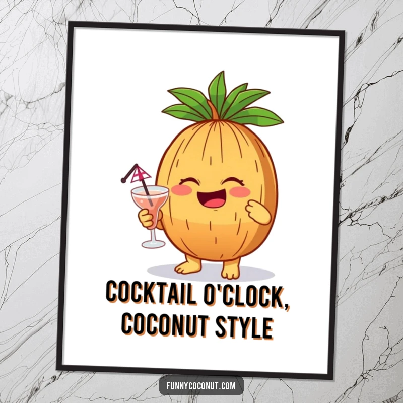 Funny Free Printable Wall Art: A coconut character giggles while holding a tiny cocktail with an umbrella, a humorous, downloadable, print-at-home art piece.