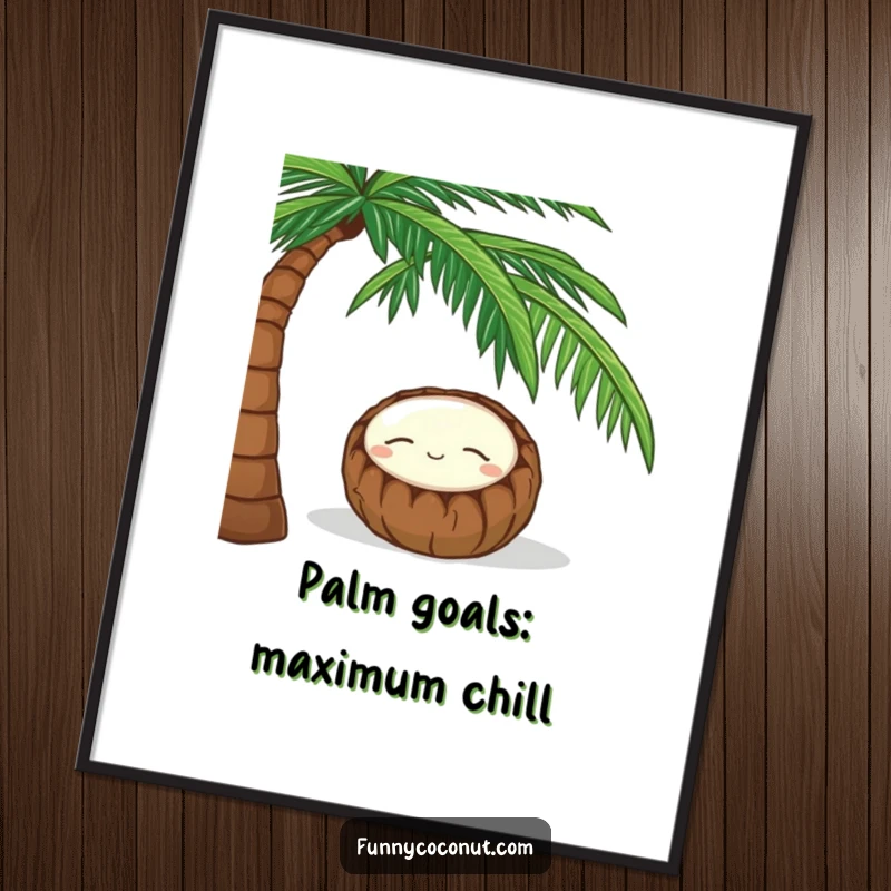 Funny Free Printable Wall Art: A content coconut sleeps peacefully with a gentle smile under a tropical palm tree.