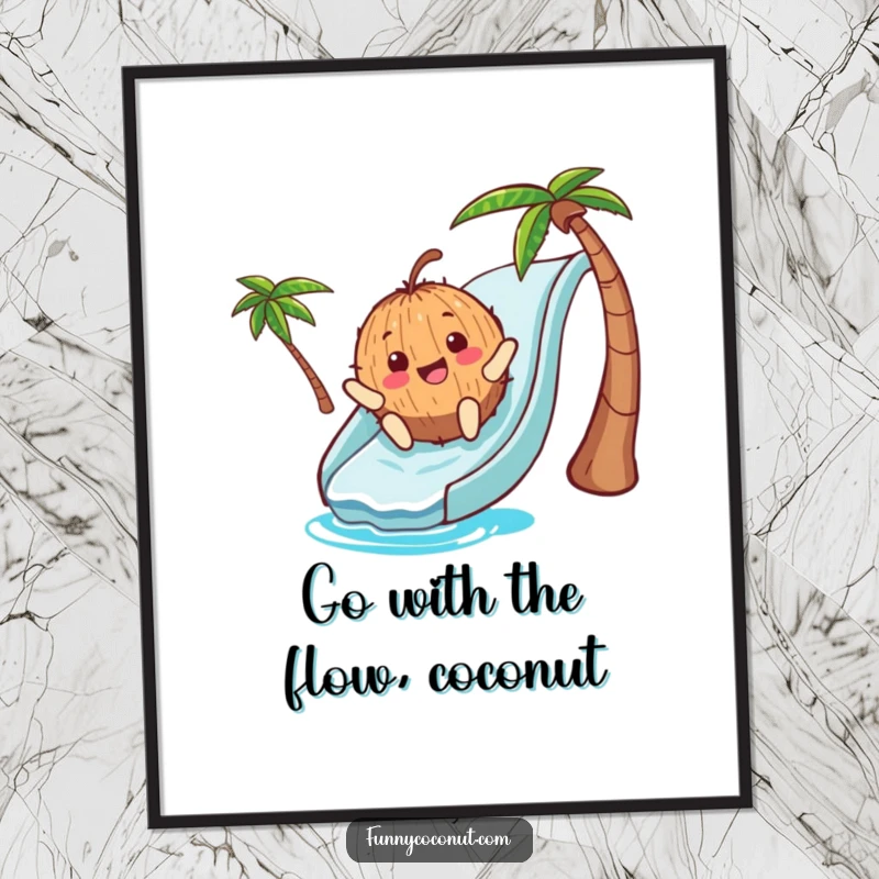 Funny Free Printable Wall Art: A happy coconut character captured mid-slide down a vibrant blue waterslide, full of glee.