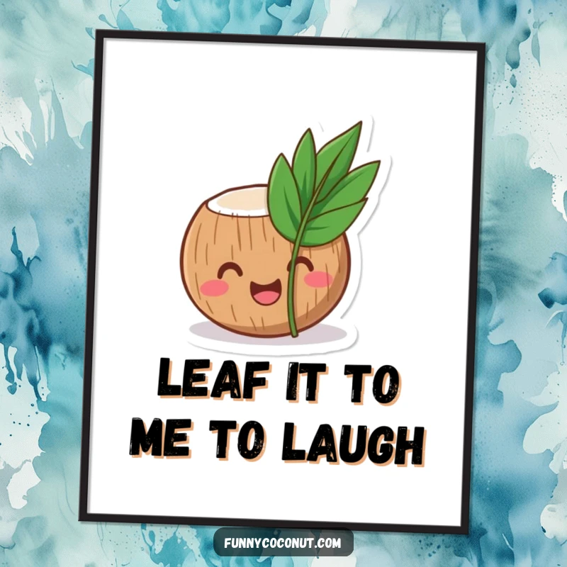 Funny Free Printable Wall Art: Laughing Coconut Character Peeking from Leaf