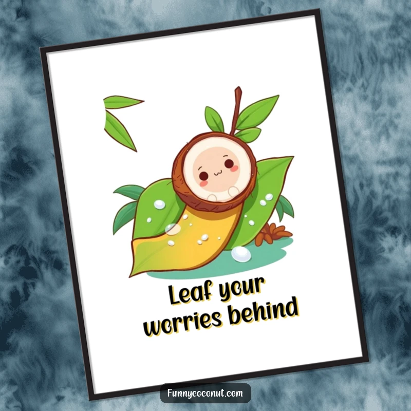 Funny Free Printable Wall Art: A happy coconut taking a fast slide down a glossy green leaf.