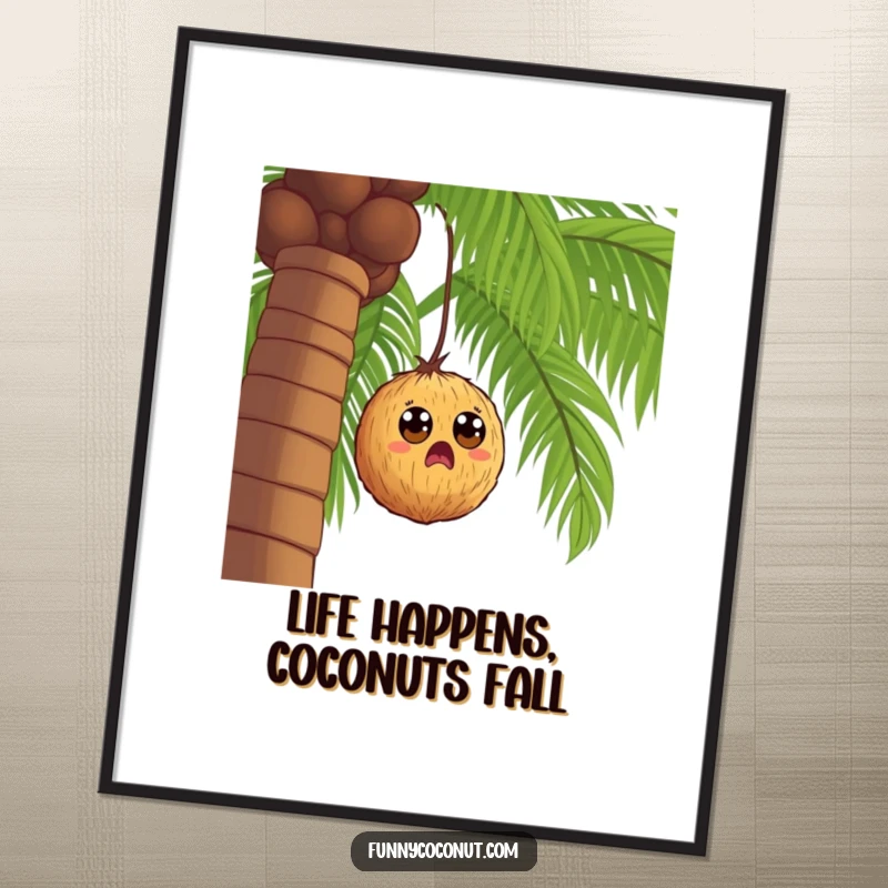 Funny Free Printable Wall Art: A coconut with wide eyes is captured mid-fall from a palm tree, looking surprised.