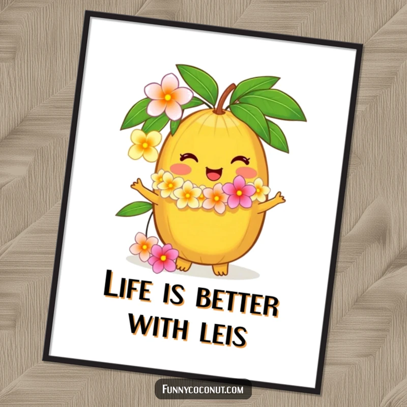 Funny Free Printable wall art of a delighted coconut character offering a fresh flower lei, bringing a tropical and humorous feel to any space.
