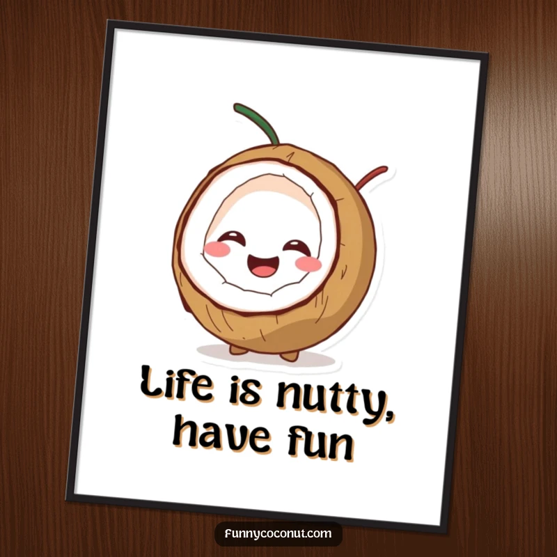 Funny Free Printable Wall Art of a coconut character splitting open with a big smile and giggles, a humorous download.