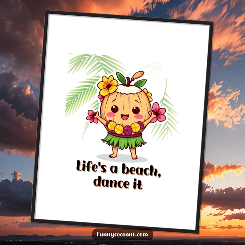Funny Free Printable Wall Art: A cheerful coconut character in a lei dances the hula, perfect for downloadable, print-at-home tropical decor.