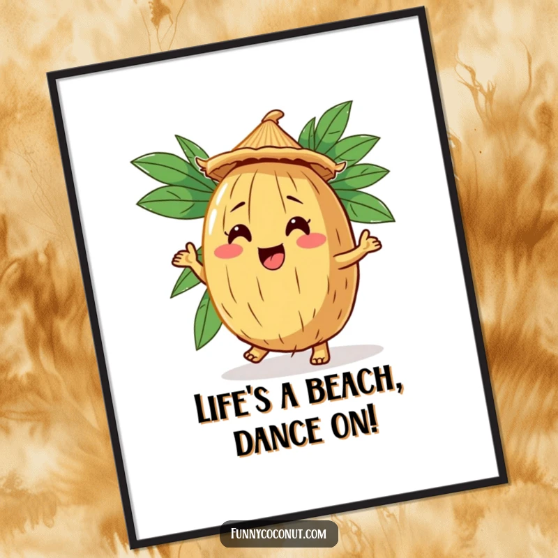 Funny Free Printable Coconut Wall Art: Comical coconut character wearing a straw hat and dancing, tropical humorous decor.