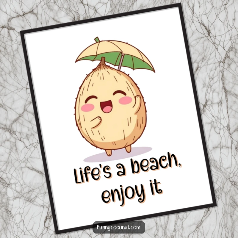 Funny Free Printable Wall Art of a happy coconut character giggling while balancing a tiny umbrella on its head, radiating tropical fun.
