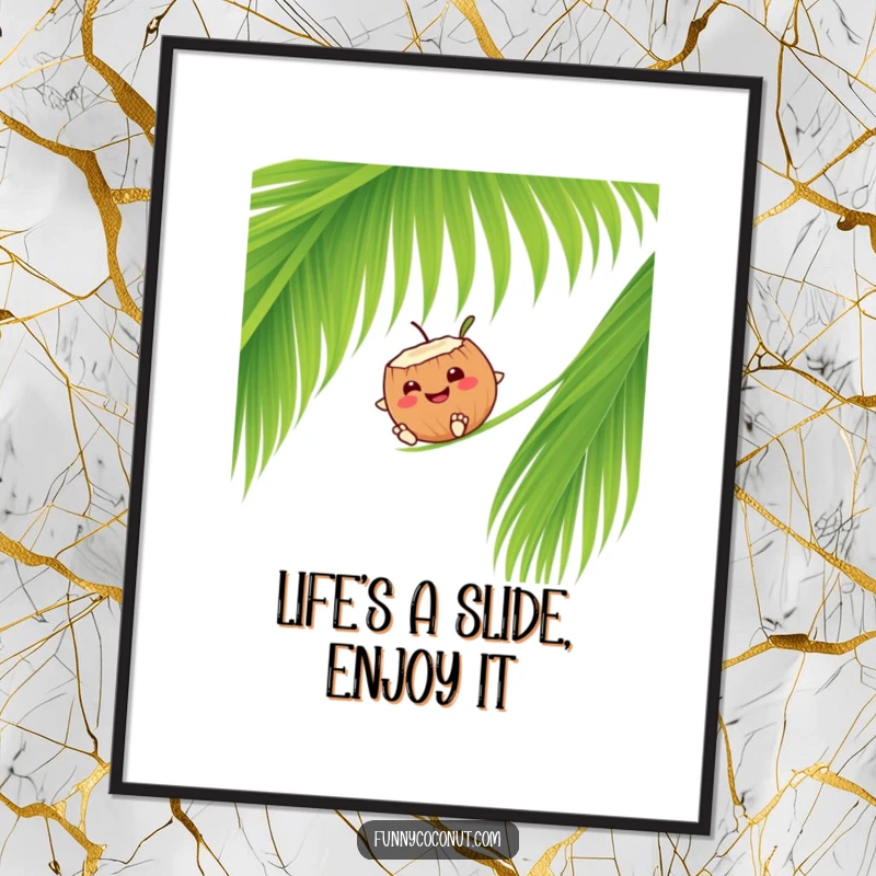 Funny Free Printable Wall Art: A smiling coconut character gleefully slides down a lush green palm frond.