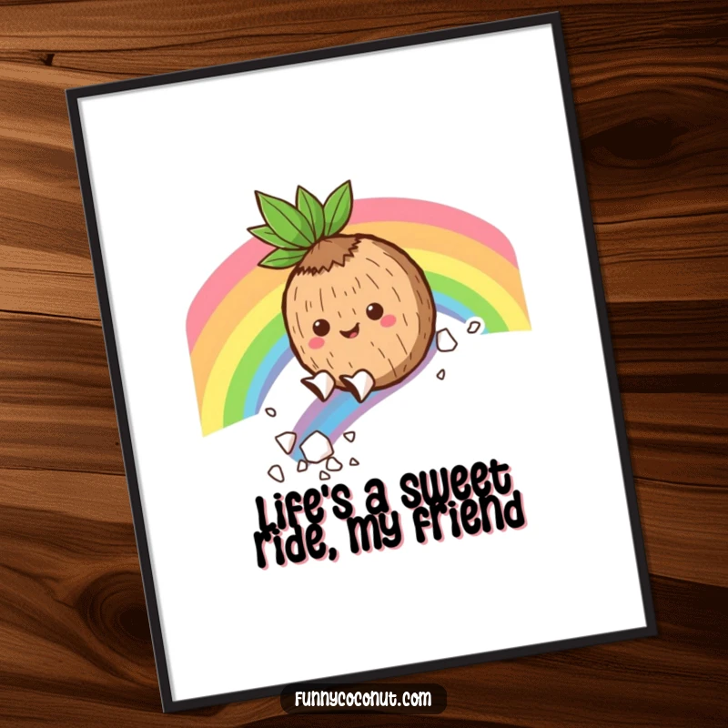 Funny Free Printable Wall Art: A cheerful coconut character gleefully slides down a vibrant rainbow, leaving a trail of flakes.