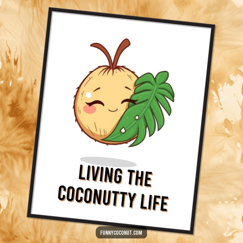 Funny Free Printable Wall Art: A winking coconut holding a comically large palm leaf, bringing a relaxed tropical vibe.