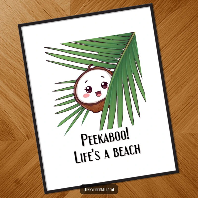 Free printable wall art: a surprised coconut peeks from behind a large palm frond, adding mystery.