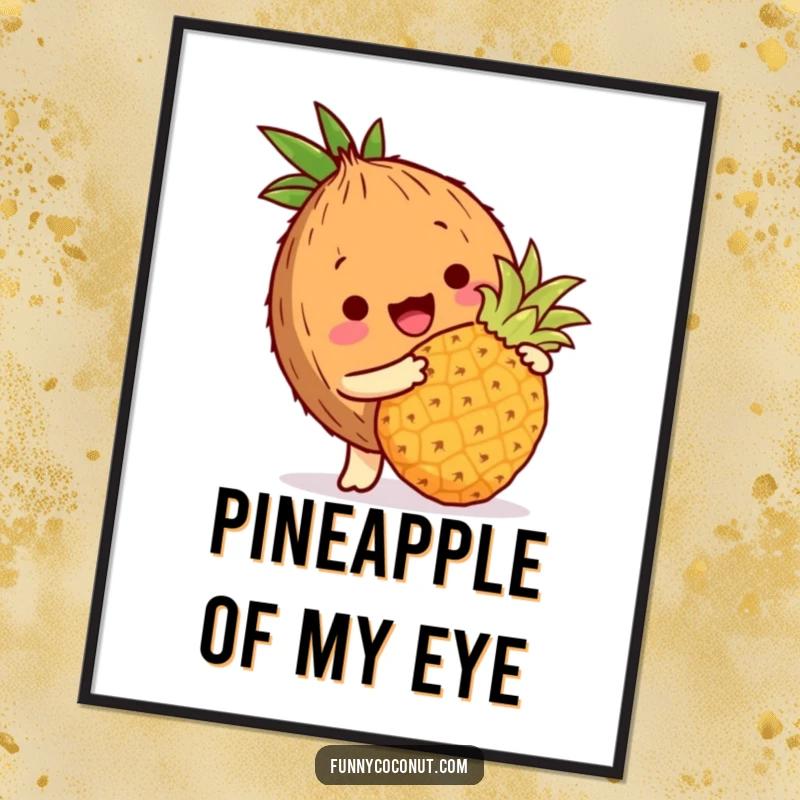 Funny Free Printable Wall Art: Coconut Character Playfully Bopping Pineapple