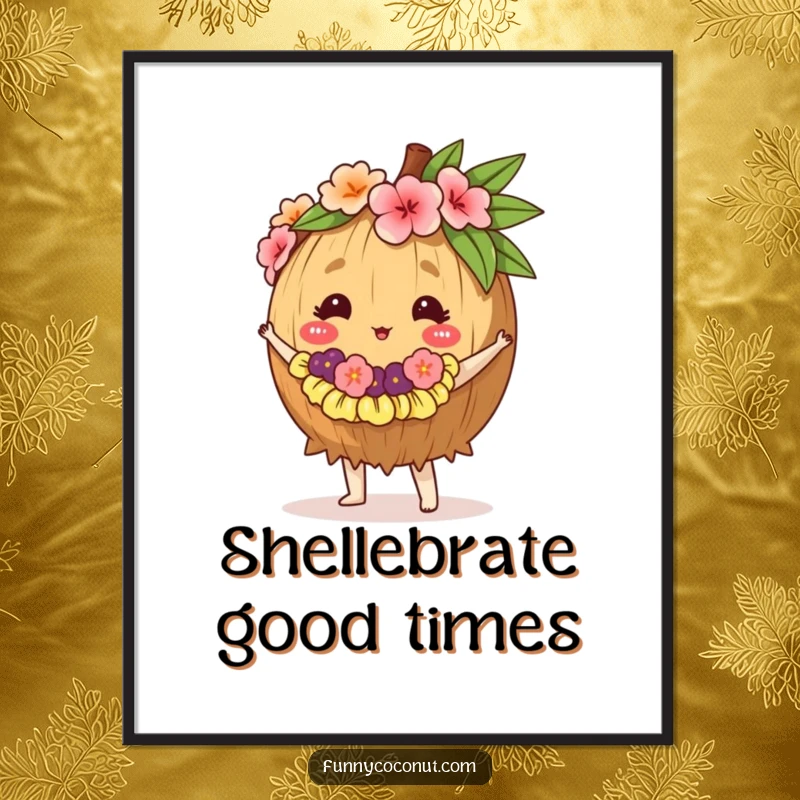 Funny Free Printable Wall Art: A cheerful coconut wearing a flower lei and dancing the hula.